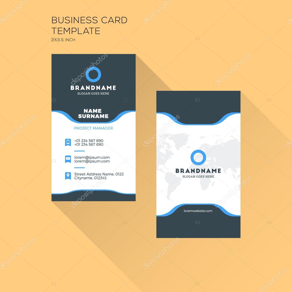 Vertical Business Card Print Template. Personal Business Card with Company Logo. Black and Blue Colors. Clean Flat Design. Vector Illustration