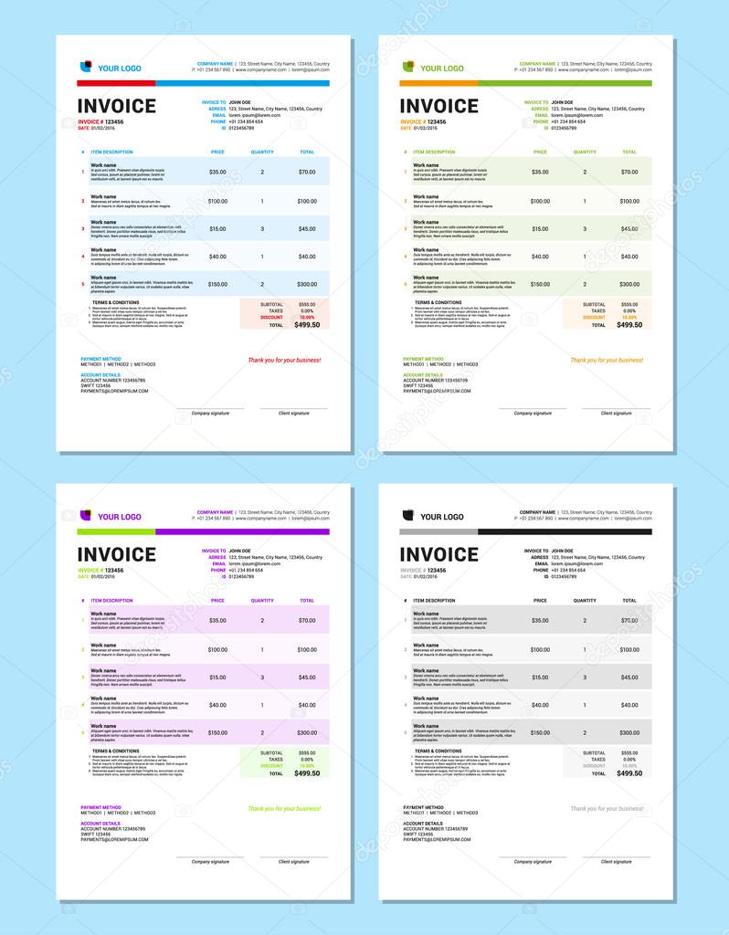 Set of Vector Invoice Design Templates. Stationery Design. Vector Illustration