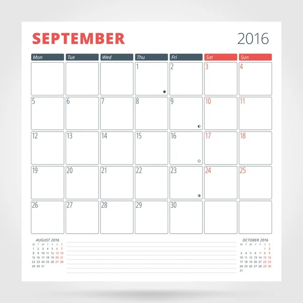 Agenda Planificateur 2016 Année. Septembre. Modèle d'impression design avec place pour les photos et les notes. La semaine commence lundi. Conception de papeterie — Image vectorielle