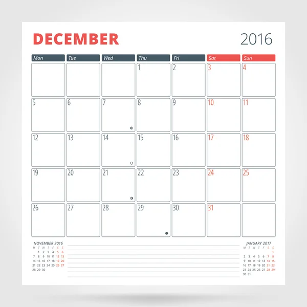 Calendário planejador para 2016 Ano. Dezembro. Modelo de impressão de design com lugar para fotos e notas. A semana começa segunda-feira. Design de artigos de papelaria —  Vetores de Stock