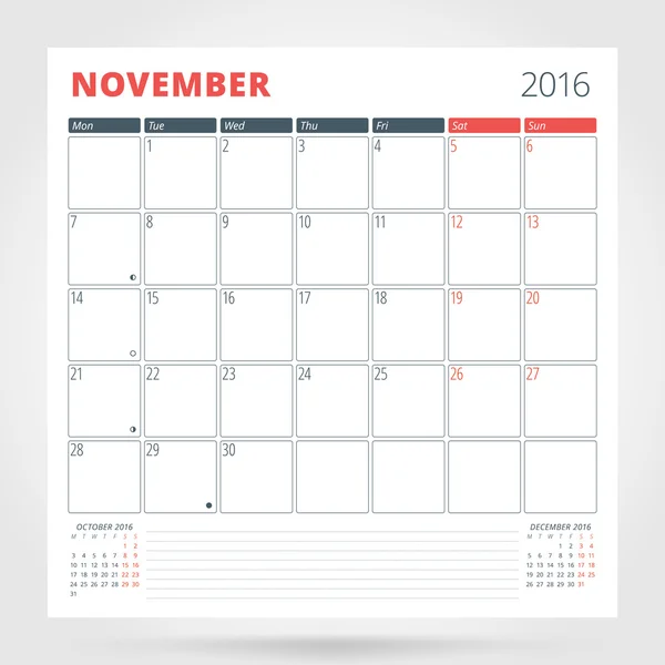 Pianificatore di calendario per 2016 Anno. Novembre. Design Stampa modello con luogo per foto e note. La settimana inizia lunedì. Progettazione articoli di cancelleria — Vettoriale Stock