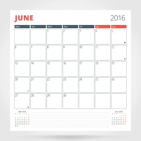 Calendário planejador para 2016 Ano. Junho. Modelo de impressão de design com lugar para fotos e notas. A semana começa segunda-feira. Design de artigos de papelaria —  Vetores de Stock