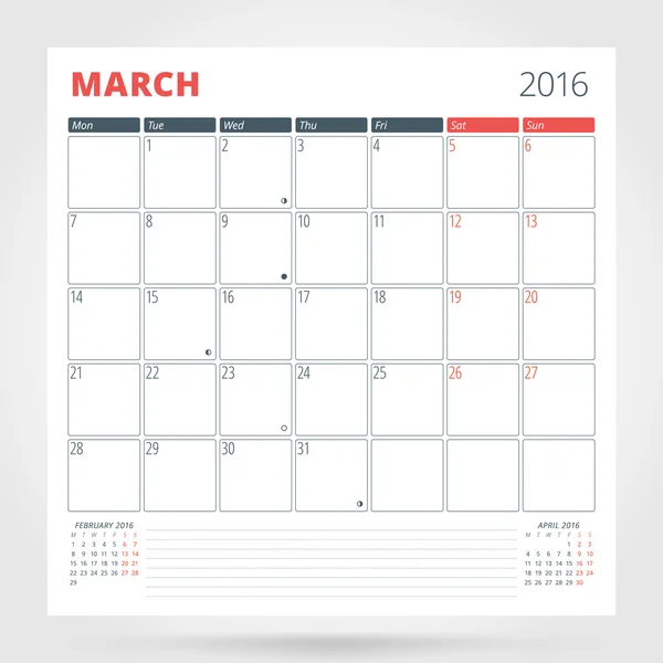 Calendário planejador para 2016 Ano. Março. Modelo de impressão de design com lugar para fotos e notas. A semana começa segunda-feira. Design de artigos de papelaria —  Vetores de Stock