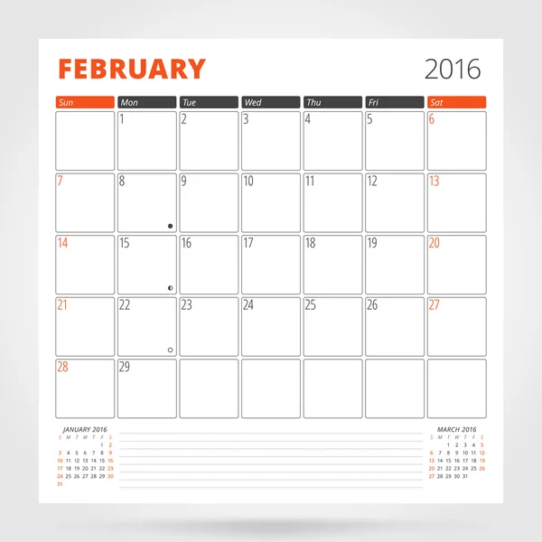 Planificador de calendario para el año 2016. Febrero. Plantilla de impresión de diseño con lugar para fotos y notas. La semana empieza el domingo. Diseño de papelería — Archivo Imágenes Vectoriales