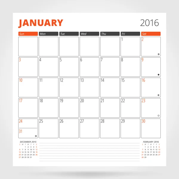 Pianificatore di calendario per 2016 Anno. Gennaio. Design Stampa modello con luogo per foto e note. La settimana inizia domenica. Progettazione articoli di cancelleria — Vettoriale Stock