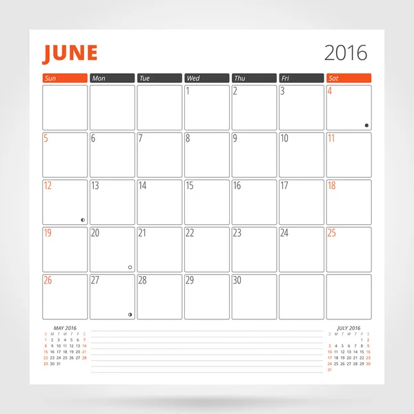 Kalender planerare för 2016 år. Juni. Designa utskriftsmall med plats för foton och anteckningar. Veckan startar söndagen. Brevpapper design — Stock vektor