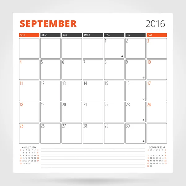 2016 Yılı Takvim Planlayıcısı. Eylül. Fotoğraflar ve Notlar için Yer le Yazdırma Şablonu Tasarla. Hafta Pazar başlar. Kırtasiye Tasarımı — Stok Vektör