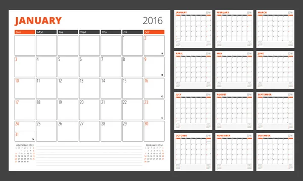 Calendar Planner pentru anul 2016. Set de 12 luni. Design șablon de imprimare cu loc pentru fotografii și note. Săptămâna începe duminică. Design papetărie — Vector de stoc