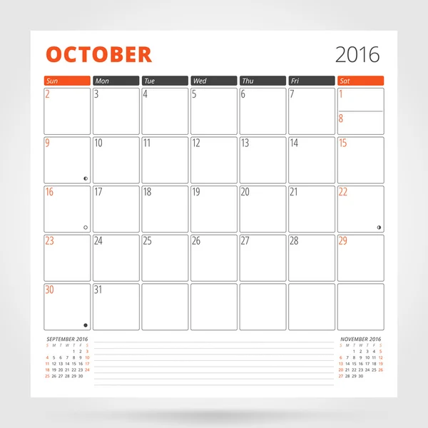 Kalendář kalendáře pro 2016 rok. Říjnu. Návrh tiskové šablony s místem pro fotografie a poznámky Týden začíná v neděli. Návrh šablon — Stockový vektor