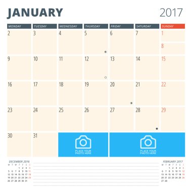 2017 yıl için takvim planlayıcısı. Tasarım şablonu ile fotoğraflar ve notlar için bir yer. Ocak. Hafta başlıyor Pazartesi