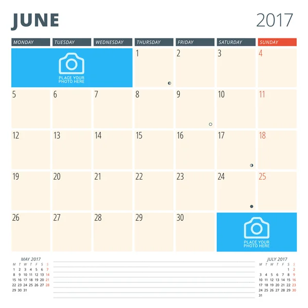 Calendário planejador para 2017 Ano. Modelo de design com lugar para fotos e notas. Junho. Semana começa segunda-feira —  Vetores de Stock