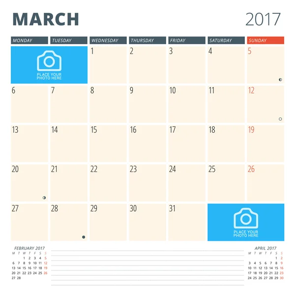 Calendário planejador para 2017 Ano. Modelo de design com lugar para fotos e notas. Março. Semana começa segunda-feira —  Vetores de Stock