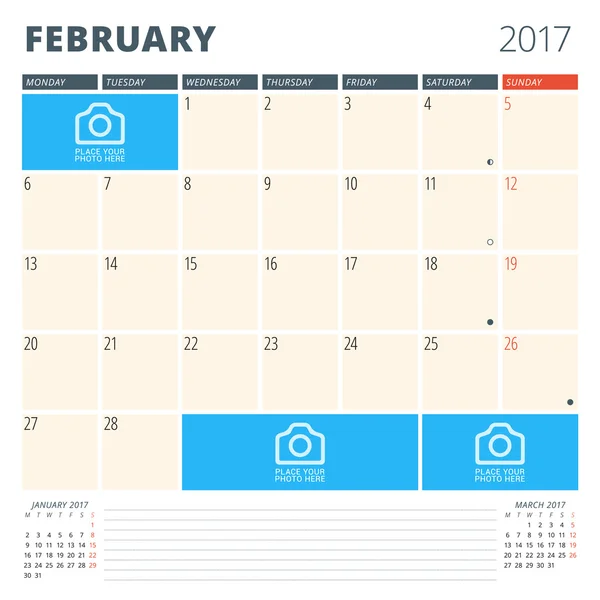 Perencana Kalender untuk Tahun 2017. Desain Templat dengan Place for Photos and Notes. Februari. Minggu Mulai Senin - Stok Vektor