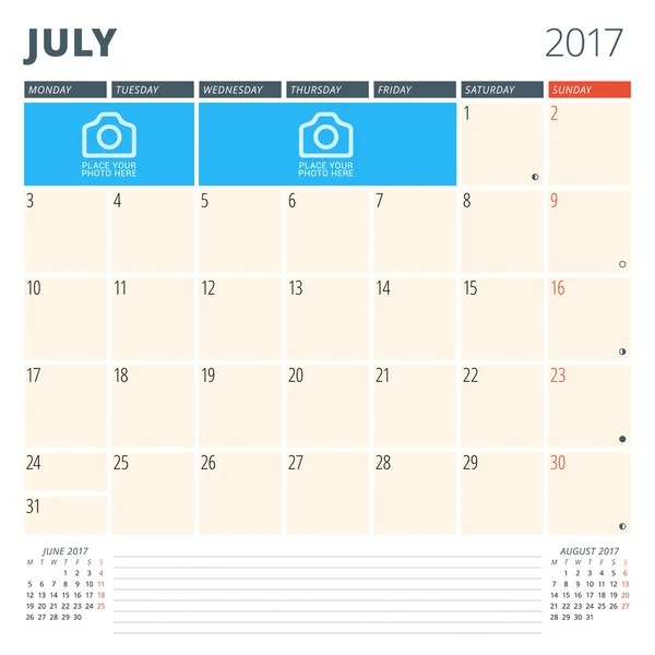 Планировщик календаря на 2017 год. Дизайн шаблона с местом для фотографий и записей. Июль. Начало недели понедельник — стоковый вектор