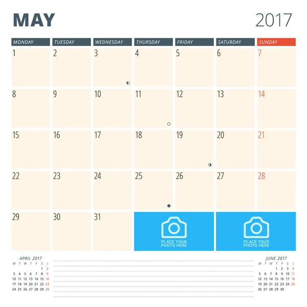 Kalendern Planner för 2017 år. Formgivningsmall med plats för foton och anteckningar. Kan. Veckan börjar måndag — Stock vektor