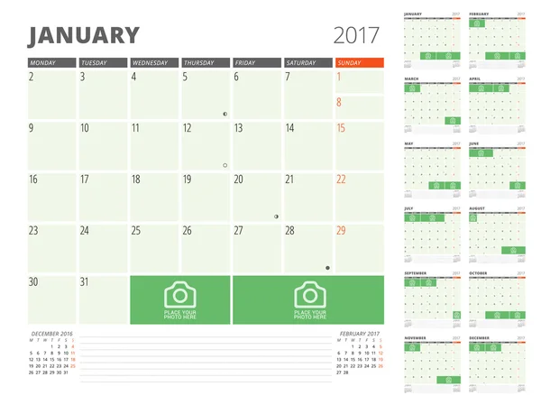 Calendário planejador para 2017 Ano. Modelo de design com lugar para fotos e notas. Conjunto de 12 Meses. Semana começa segunda-feira —  Vetores de Stock