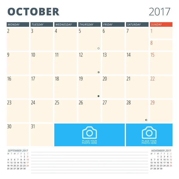 Planificador de Calendario 2017 Año. Plantilla de diseño con lugar para fotos y notas. Octubre. Semana comienza el lunes — Vector de stock