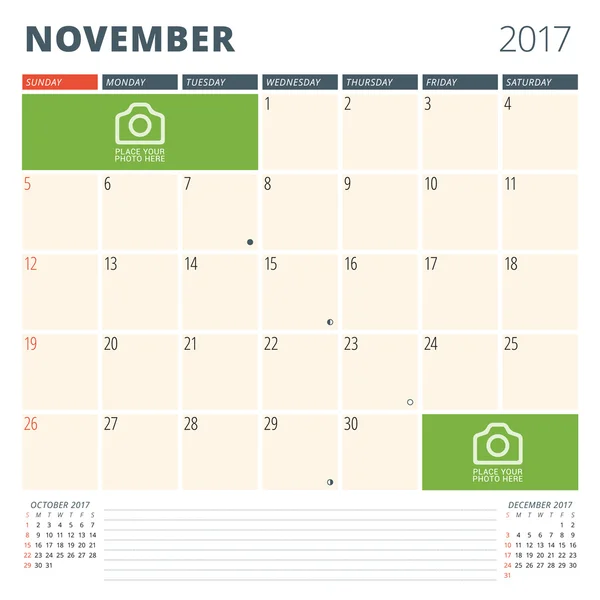 Planificador de Calendario 2017 Año. Plantilla de diseño con lugar para fotos y notas. Noviembre. Semana comienza el domingo — Vector de stock