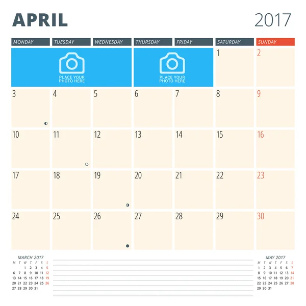 Planificador de Calendario 2017 Año. Plantilla de diseño con lugar para fotos y notas. April. Semana comienza el lunes — Vector de stock