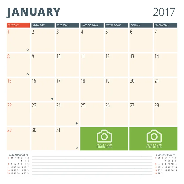 Kalender Planner voor 2017 jaar. Ontwerpsjabloon met plek voor foto's en notities. Januari. Week begint zondag — Stockvector