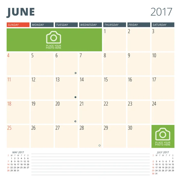 Planificador de Calendario 2017 Año. Plantilla de diseño con lugar para fotos y notas. Junio. Semana comienza el domingo — Vector de stock