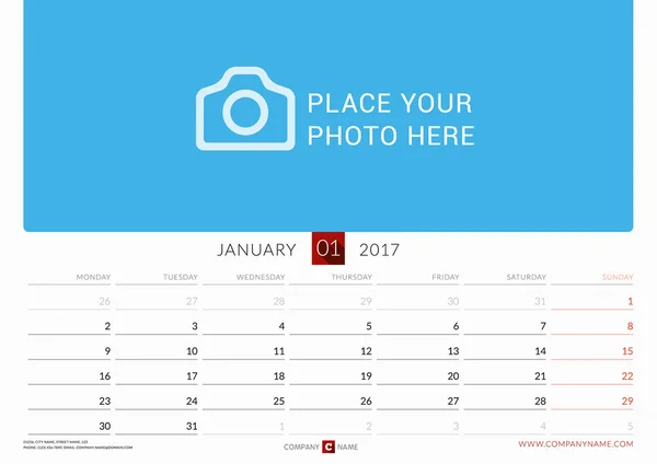 Wall miesięczny kalendarz dla 2017 rok. Szablon wydruku projektu Vector. Tydzień rozpoczyna się w poniedziałek. Orientacja pozioma — Wektor stockowy