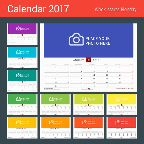 Calendário mensal de parede para 2017 Ano. Modelo de impressão de design vetorial. A semana começa segunda-feira. Orientação Paisagista. Conjunto de 12 Meses —  Vetores de Stock