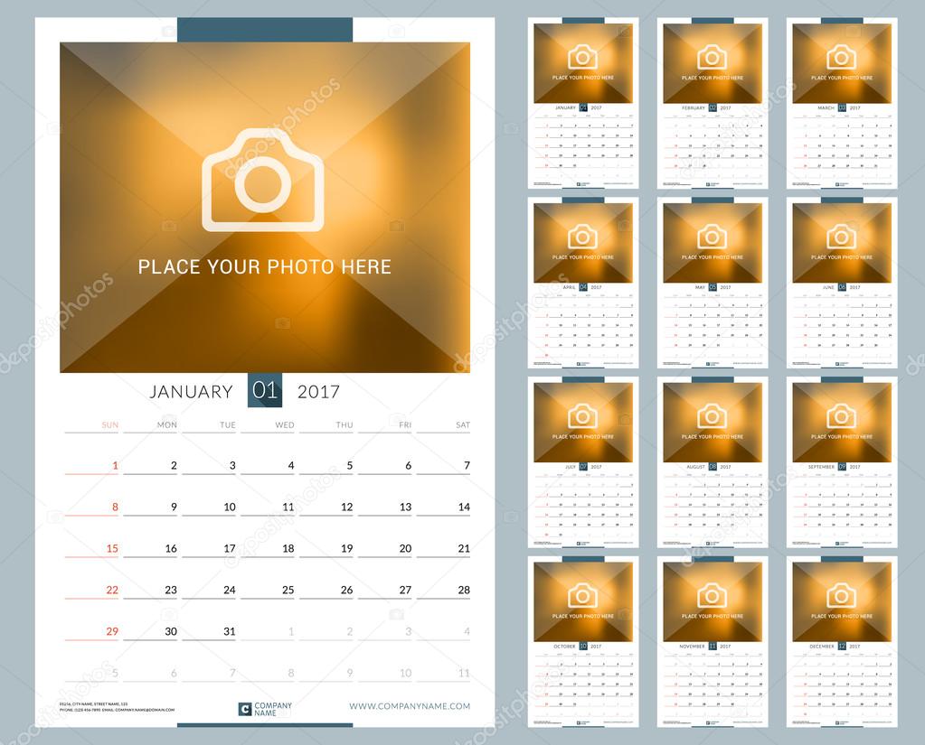 Wall Monthly Calendar for 2017 Year. 12 Months. Vector Design Print Template with Place for Photo. Week Starts Sunday. Portrait Orientation