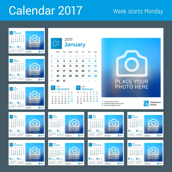 Calendário de Mesa para 2017 Ano. Modelo de impressão de design vetorial com lugar para foto. Conjunto de 12 Meses. A semana começa segunda-feira. 3 Meses na página —  Vetores de Stock