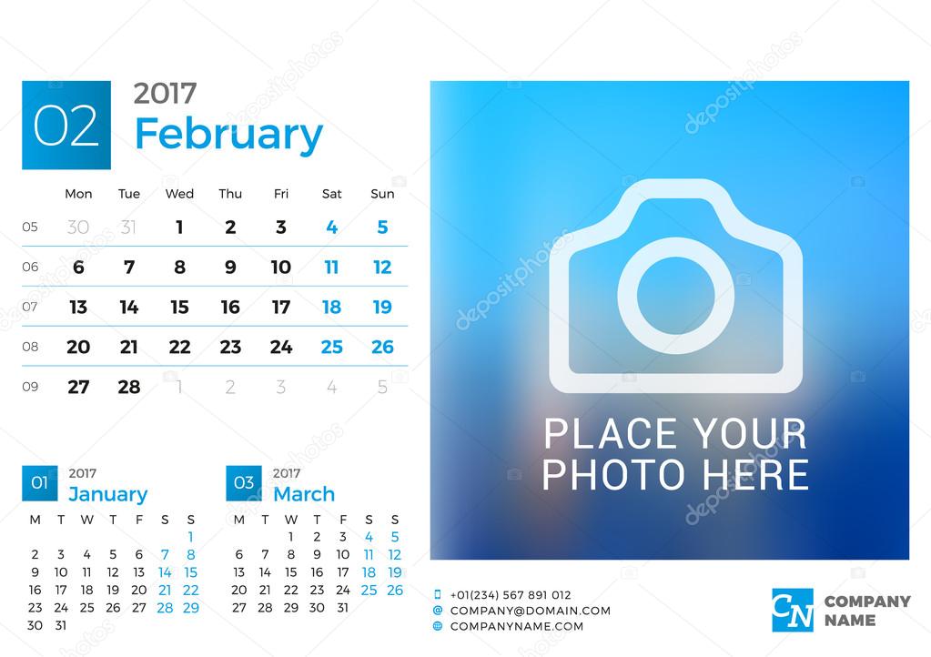 Desk Calendar for 2017 Year. Vector Design Print Template with Place for Photo. February. Week Starts Monday. 3 Months on Page