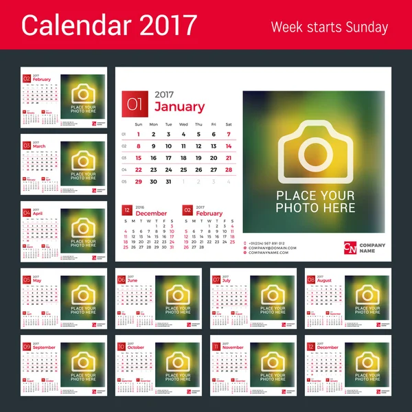 Настольный календарь на 2017 год. Шаблон для печати векторного дизайна с местом для фотографии. Набор из 12 месяцев. Неделя начинается в воскресенье. 3 месяца на странице — стоковый вектор