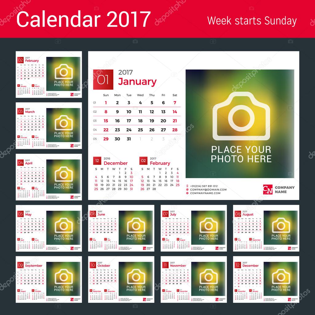 Desk Calendar for 2017 Year. Vector Design Print Template with Place for Photo. Set of 12 Months. Week Starts Sunday. 3 Months on Page