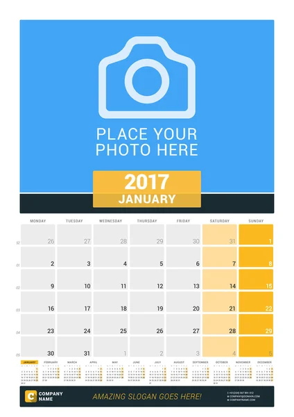 2017 stycznia. Wall miesięczny kalendarz dla 2017 rok. Szablon druku wektorowego z miejscem na zdjęcie i Kalendarz roku. Tydzień rozpoczyna się w poniedziałek — Wektor stockowy