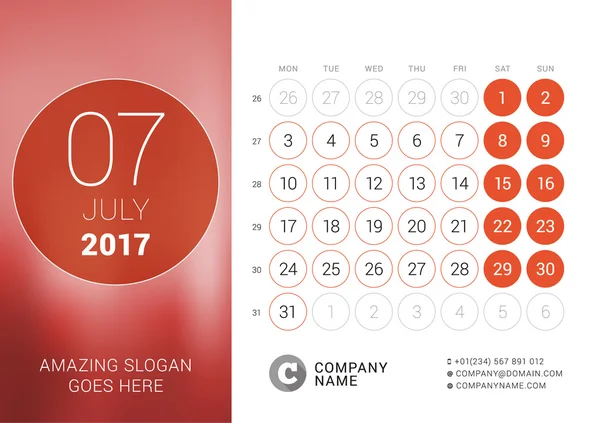 Calendário de Mesa para 2017 Ano. Julho. Modelo de impressão de design vetorial com lugar para foto. Semana começa segunda-feira —  Vetores de Stock