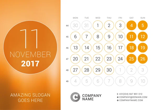 Calendário de Mesa para 2017 Ano. Novembro. Modelo de impressão de design vetorial com lugar para foto. Semana começa segunda-feira —  Vetores de Stock