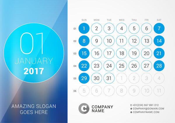 Desk Calendar for 2017 Year. January. Vector Design Print Template with Place for Photo. Week Starts Sunday