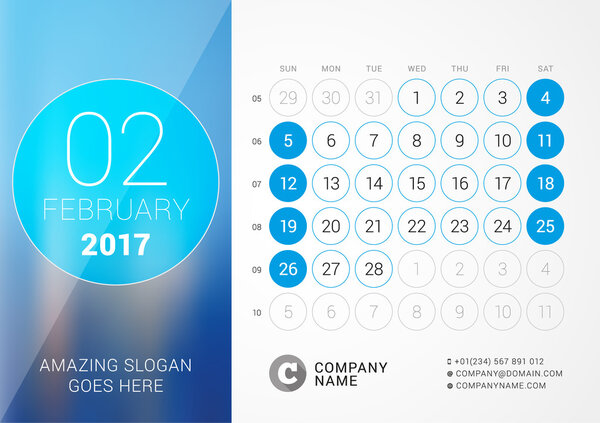 Desk Calendar for 2017 Year. February. Vector Design Print Template with Place for Photo. Week Starts Sunday
