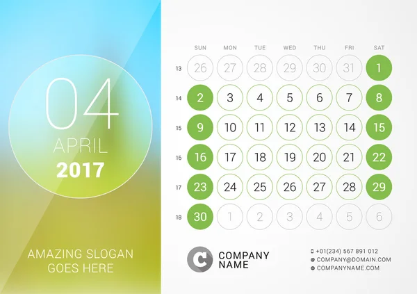 Calendário de Mesa para 2017 Ano. Abril. Modelo de impressão de design vetorial com lugar para foto. Semana começa domingo —  Vetores de Stock