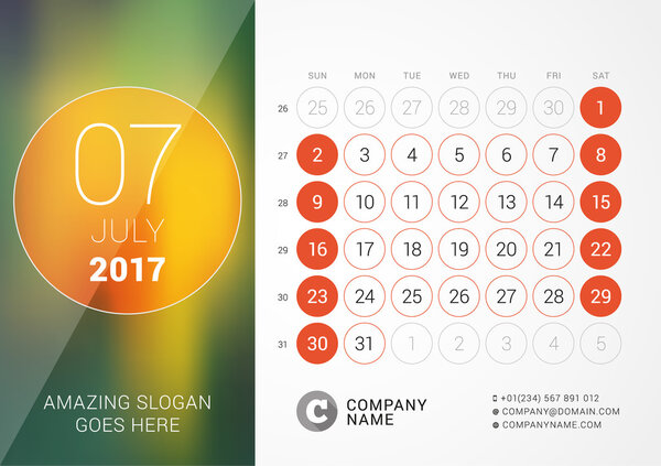 Desk Calendar for 2017 Year. July. Vector Design Print Template with Place for Photo. Week Starts Sunday