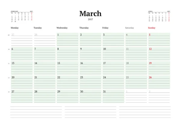 Szablon kalendarza na rok 2017. Marca. Business Planner 2017 szablonu. Projektowanie papeterii. Tydzień rozpoczyna się w poniedziałek. 3 miesięcy na stronie. Ilustracja wektorowa — Wektor stockowy