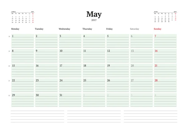 Plantilla de calendario para 2017 Año. Mayo. Plantilla Business Planner 2017. Diseño de Papelería. La semana comienza el lunes. 3 meses en la página. Ilustración vectorial — Archivo Imágenes Vectoriales