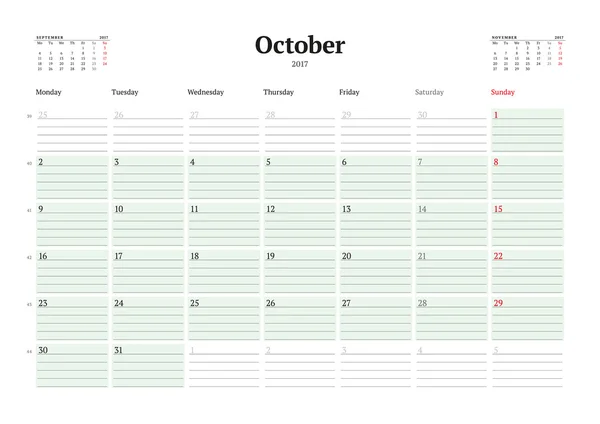 Plantilla de calendario para 2017 Año. Octubre. Plantilla Business Planner 2017. Diseño de Papelería. La semana comienza el lunes. 3 meses en la página. Ilustración vectorial — Vector de stock