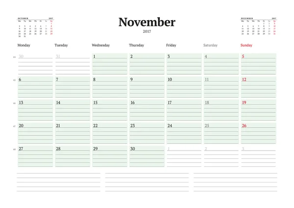 Plantilla de calendario para 2017 Año. Noviembre. Plantilla Business Planner 2017. Diseño de Papelería. La semana comienza el lunes. 3 meses en la página. Ilustración vectorial — Archivo Imágenes Vectoriales