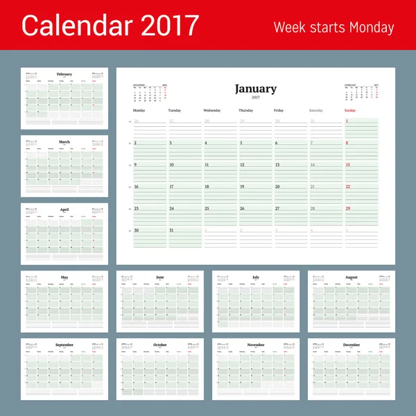 2017 Yılı Takvim Şablonu. 12 Ay'a ayarlandı. İş Planlayıcısı 2017 Şablonu. Kırtasiye Tasarımı. Hafta pazartesi başlıyor. Sayfada 3 Ay. Vektör İllüstrasyonu