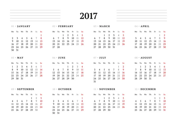 Modèle de calendrier simple pour 2017 Année. Papeterie Design. La semaine commence lundi. Illustration vectorielle — Image vectorielle