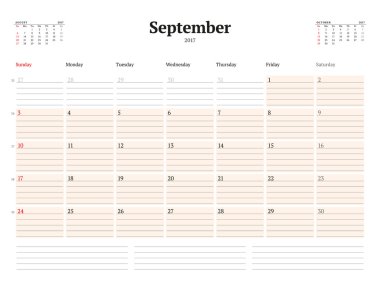 2017 Yılı Takvim Şablonu. Eylül. İş Planlayıcısı Şablonu. Kırtasiye Tasarımı. Hafta pazar günü başlıyor. Sayfada 3 Ay. Vektör İllüstrasyonu