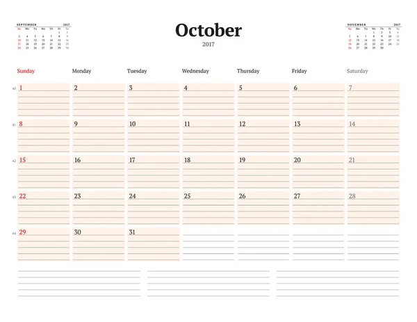 Šablona kalendáře pro rok 2017. Říjnu. Šablona obchodního plánovače. Návrh šablony Týden začíná v neděli. 3 měsíce na stránce. Vektorová ilustrace — Stockový vektor