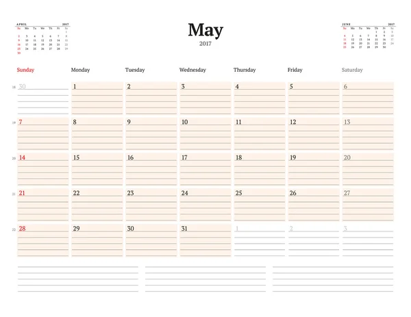 2017 Yılı Takvim Şablonu. Olabilir. İş Planlayıcısı Şablonu. Kırtasiye Tasarımı. Hafta pazar günü başlıyor. Sayfada 3 Ay. Vektör İllüstrasyonu — Stok Vektör