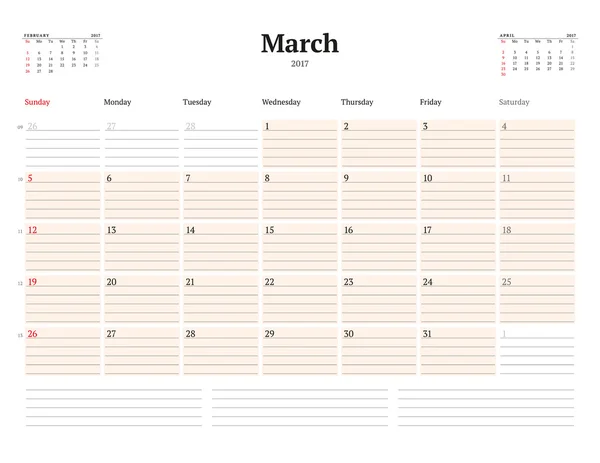 Plantilla de calendario para 2017 Año. Marzo. Plantilla de Planificador de Negocios. Diseño de Papelería. La semana comienza el domingo. 3 meses en la página. Ilustración vectorial — Vector de stock