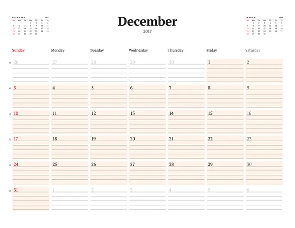 Modelo de calendário para 2017 Ano. Dezembro. Modelo de Business Planner. Desenho de papelaria. A semana começa domingo. 3 Meses na página. Ilustração vetorial —  Vetores de Stock